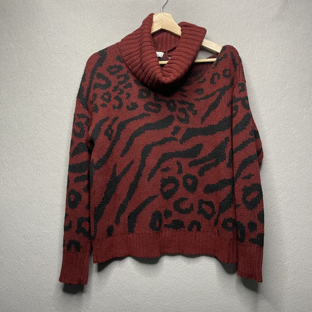 Womens Jason Maxwell Pullover Sweater Burgundy Animal Print Cowl Neck cold shoul